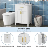 Space-Saving Design Bathroom Vanity Combo with Ceramic Sink, Storage Cabinet with Wood Frame, 24" L x 18.5" W x 34" H, White(m-6)