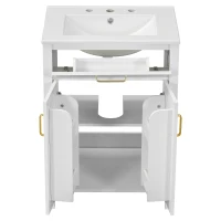 Space-Saving Design Bathroom Vanity Combo with Ceramic Sink, Storage Cabinet with Wood Frame, 24" L x 18.5" W x 34" H, White(m-15)