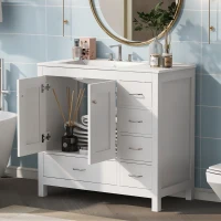 36" Bathroom Vanity with Ceramic Sink, 2 Soft-Close Doors and 5 Drawers, Cabinet with Free-Standing Design, 36" L x 18" W x 34" H, White(m-11)
