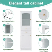 Tall Bathroom Storage Cabinet with Glass Doors, Free-Standing with Adjustable Shelves and Drawers, 18" L x 14" W x 63" H, White(m-5)