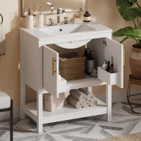 30" Bathroom Vanity with Ceramic Sink, Ample Storage, Gold Handles and Soft Close Doors for Small Bathrooms, 30" L x 18.5" W x 34" H, White(m-11)