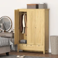 HOMCOM 3 Doors Wardrobe Closet with 2 Drawers, Bedroom Armoire with Lockable Drawer, Hanging Rod and Storage Shelves, Natural(m-10)