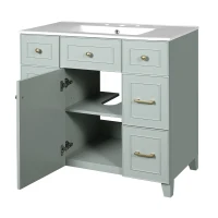 36" Bathroom Vanity with Ceramic Sink, Soft-Close Doors and Drawers, Storage Cabinet with Adjustable Shelf, 36" L x 18" W x 34" H, Green(m-15)