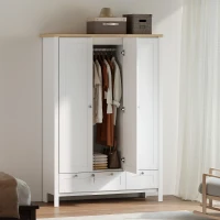 HOMCOM 3 Doors Wardrobe Closet with 2 Drawers, Bedroom Armoire with Lockable Drawer, Hanging Rod and Storage Shelves, White(m-2)