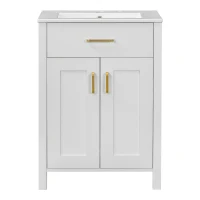 Space-Saving Design Bathroom Vanity Combo with Ceramic Sink, Storage Cabinet with Wood Frame, 24" L x 18.5" W x 34" H, White(m-2)