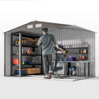 Outsunny 9x6 Galvanized Steel Ventilated Garden Storage Shed with Double Doors, Foundation Kit, Grey(m-10)