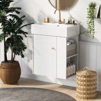 Modern Floating Bathroom Vanity with Ceramic Basin and Right Side Storage, Cabinet with Rose Gold Handle, 21.5" L x 12" W x 26.5" H, White(m-10)