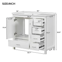 36" Bathroom Vanity with Ceramic Sink, 2 Soft-Close Doors and 5 Drawers, Cabinet with Free-Standing Design, 36" L x 18" W x 34" H, White(m-3)