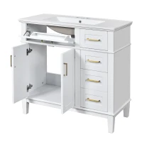 Modern Bathroom Vanity with Ceramic Sink, Soft Close Doors, Space-Saving Design and 4 Drawers for Storage, 36" L x 18.5" W x 35" H, White(m-14)