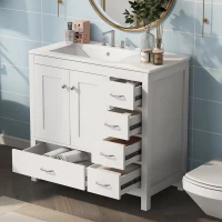 36" Bathroom Vanity with Ceramic Sink, 2 Soft-Close Doors and 5 Drawers, Cabinet with Free-Standing Design, 36" L x 18" W x 34" H, White(m-10)