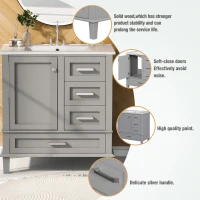 Modern Bathroom Vanity with Sink Combo, Solid Wood Frame, Ample Storage Cabinet with Soft-Close Door, 30" L x 18" W x 34" H, Grey(m-5)