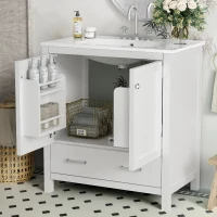 30" Bathroom Vanity with Single Sink, Solid Wood Frame, Multifunctional Storage Cabinet with Soft-Close Doors, 30" L x 18.5" W x 34" H, White(m-9)