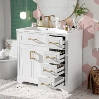 Elegant Bathroom Vanity with Ceramic Sink, Soft-Close Doors and Drawers, Cabinet with Solid Wood Frame, 36" L x 18.5" W x 34" H, White(m-9)
