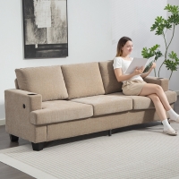 HOMCOM 3 Seater Sofa with USB Ports & Cup Holders, Chenille-Feel Upholstered Couch for Living Room, Light Brown