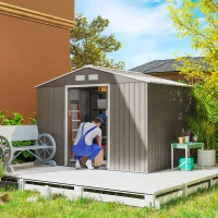 Outsunny 9.1'x6.4'x6.3' Garden Storage Shed w/ Foundation Kit Metal Tool Storage House w/ Double Doors Distressed Light Brown(m-1)
