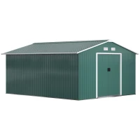Outsunny 11' x 13' Practical Backyard Garden Storage Tool Shed with Double Sliding Door Garden Tool Shed with 4 Ventilation Slots, Green(m-2)