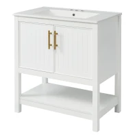 30" Bathroom Vanity with Ceramic Sink, Ample Storage, Gold Handles and Soft Close Doors for Small Bathrooms, 30" L x 18.5" W x 34" H, White(m-14)