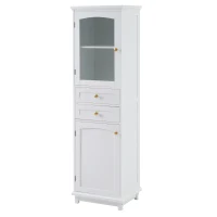 Tall Bathroom Storage Cabinet with Glass Doors, Free-Standing with Adjustable Shelves and Drawers, 18" L x 14" W x 63" H, White(m-14)