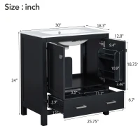 30" Bathroom Vanity with Single Undermount Sink, Cabinet with Soft-Close Doors and Versatile Storage, 30" L x 18.5" W x 34" H, Black+White(m-3)