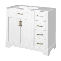 Elegant Bathroom Vanity with Ceramic Sink, Soft-Close Doors and Drawers, Cabinet with Solid Wood Frame, 36" L x 18.5" W x 34" H, White(m-14)