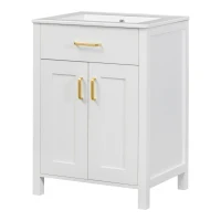 Space-Saving Design Bathroom Vanity Combo with Ceramic Sink, Storage Cabinet with Wood Frame, 24" L x 18.5" W x 34" H, White(m-14)
