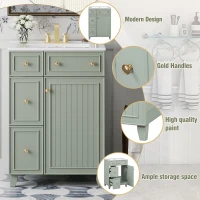 24" Bathroom Vanity with 4 Drawers and 1 Door, Ceramic Sink, Cabinet with Solid Wood Construction, 24" L x 18.5" W x 34.5" H, Green+White(m-6)