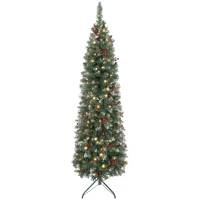 HOMCOM 6 ft Pencil Prelit Christmas Tree with LED Light, Silver Glitter, Dense Pointed Branches, 8 Modes, Slim Xmas Tree(m-2)