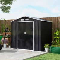 Outsunny 7' x 4' x 6' Garden Storage Shed Outdoor Patio Metal Tool Storage House w/ Foundation Kit and Double Doors Dark Grey(m-10)