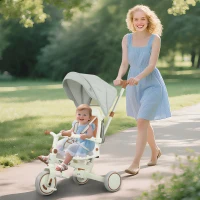 Qaba 7 in 1 Toddler Tricycle w/ Safety Harness, Adjustable & Removable Parent Handle, Canopy, Storage Bag, Brake, Cream White(m-8)