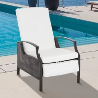 Outsunny Outdoor Recliner Chair, Reclining Patio Lounge Chair with Comfy Cushions, Footrest, Armrests, PE Wicker for Balcony, Porch, Dark Brown, Cream White(m-2)