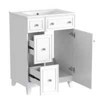 24" Bathroom Vanity Cabinet with 2 Drawers and 1 Door, Ceramic Sink, Cabinet with Solid Wood Construction, 24" L x 18.5" W x 34.5" H, White(m-14)