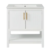 30" Bathroom Vanity with Ceramic Sink, Ample Storage, Gold Handles and Soft Close Doors for Small Bathrooms, 30" L x 18.5" W x 34" H, White(m-2)