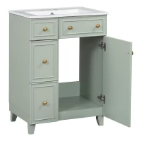 24" Bathroom Vanity with 4 Drawers and 1 Door, Ceramic Sink, Cabinet with Solid Wood Construction, 24" L x 18.5" W x 34.5" H, Green+White(m-15)