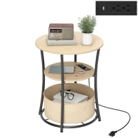 HOMCOM Round Side Table with Charging Station, 3-Tier End Table with Fabric Storage Bag and Shelf, Natural Wood(m-1)