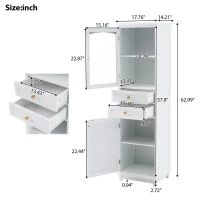 Tall Bathroom Storage Cabinet with Glass Doors, Free-Standing with Adjustable Shelves and Drawers, 18" L x 14" W x 63" H, White(m-3)