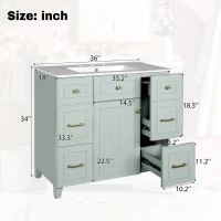 36" Bathroom Vanity with Ceramic Sink, Soft-Close Doors and Drawers, Storage Cabinet with Adjustable Shelf, 36" L x 18" W x 34" H, Green(m-3)