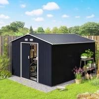 Outsunny 11' x 9' Metal Storage Shed Garden Tool House with Double Sliding Doors, 4 Air Vents for Backyard, Patio, Lawn Dark Grey(m-1)