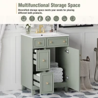 24" Bathroom Vanity with 4 Drawers and 1 Door, Ceramic Sink, Cabinet with Solid Wood Construction, 24" L x 18.5" W x 34.5" H, Green+White(m-7)