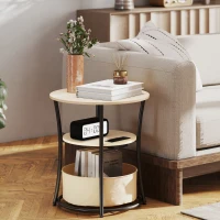 HOMCOM Round Side Table with Charging Station, 3-Tier End Table with Fabric Storage Bag and Shelf, Natural Wood(m-2)