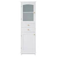 Tall Bathroom Storage Cabinet with Glass Doors, Free-Standing with Adjustable Shelves and Drawers, 18" L x 14" W x 63" H, White(m-2)