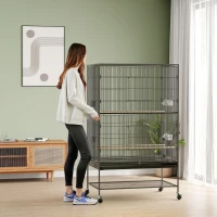 PawHut 60" Bird Cage with Stand for Cockatiels Canaries Lovebirds Finches, Budgie Cage with Wheels, Removable Tray, Storage Shelf(m-7)