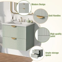 Modern Wall-Mounted Bathroom Vanity with 2 Drawers, Space-Saving Design for Small Bathrooms, 24" L x 18" W x 23" H, Green(m-5)