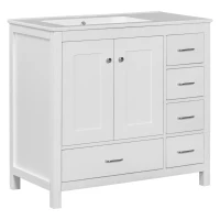 36" Bathroom Vanity with Ceramic Sink, 2 Soft-Close Doors and 5 Drawers, Cabinet with Free-Standing Design, 36" L x 18" W x 34" H, White(m-2)