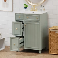 24" Bathroom Vanity with 4 Drawers and 1 Door, Ceramic Sink, Cabinet with Solid Wood Construction, 24" L x 18.5" W x 34.5" H, Green+White(m-10)