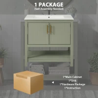 30" Bathroom Vanity with Ceramic Sink, Ample Storage, Soft Close Doors, Cabinet with Solid Wood frame, 30" L x 18.5" W x 34" H, Green+White(m-9)