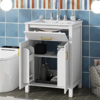Space-Saving Design Bathroom Vanity Combo with Ceramic Sink, Storage Cabinet with Wood Frame, 24" L x 18.5" W x 34" H, White(m-11)