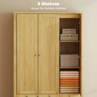 HOMCOM 3 Doors Wardrobe Closet with 2 Drawers, Bedroom Armoire with Lockable Drawer, Hanging Rod and Storage Shelves, Natural(m-6)