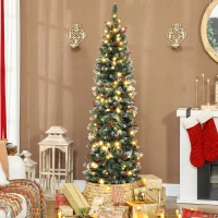 HOMCOM 6 ft Pencil Prelit Christmas Tree with LED Light, Silver Glitter, Dense Pointed Branches, 8 Modes, Slim Xmas Tree(m-8)