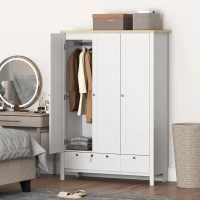 HOMCOM 3 Doors Wardrobe Closet with 2 Drawers, Bedroom Armoire with Lockable Drawer, Hanging Rod and Storage Shelves, White(m-10)