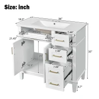 Modern Bathroom Vanity with Ceramic Sink, Soft Close Doors, Space-Saving Design and 4 Drawers for Storage, 36" L x 18.5" W x 35" H, White(m-3)